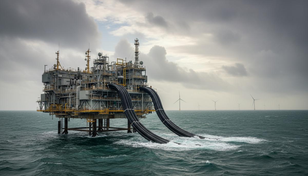 Германия инвестирует €3,3 млрд в долю оператора сетей TenneT Морская трансформаторная подстанция в Северном море с подводными силовыми кабелями на фоне ветровых турбин на горизонте.