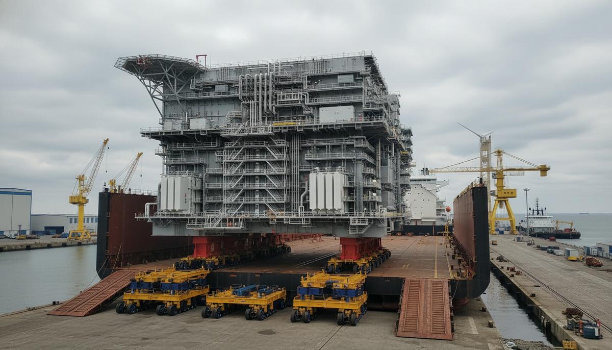 Огромная морская подстанция на территории верфи во время погрузки со стапеля на транспортное судно с помощью выкатного оборудования.