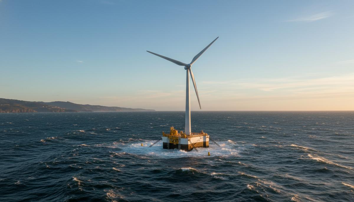 Плавучая ветряная турбина проекта DemoSATH в море у побережья Страны Басков в Испании на фоне чистого неба и дальнего берега.