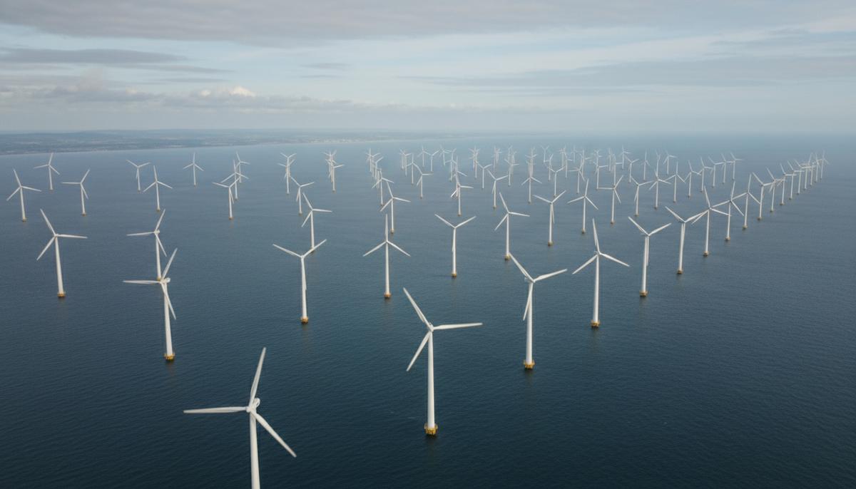 Морской ветропарк Gwynt y Môr с рядами ветряных турбин в Ирландском море у побережья Уэльса.