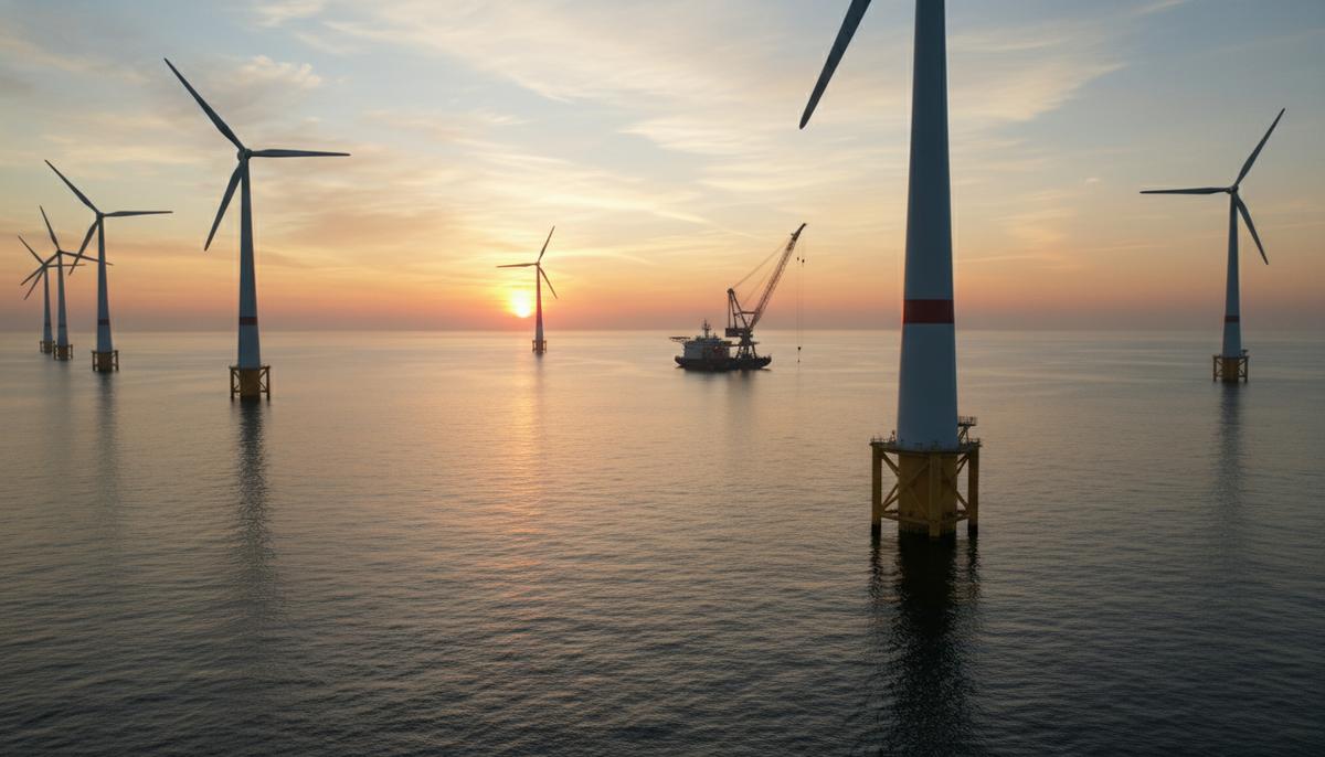 Морская ветряная электростанция He Dreiht в Северном море на этапе строительства, несколько установленных турбин на рассвете.