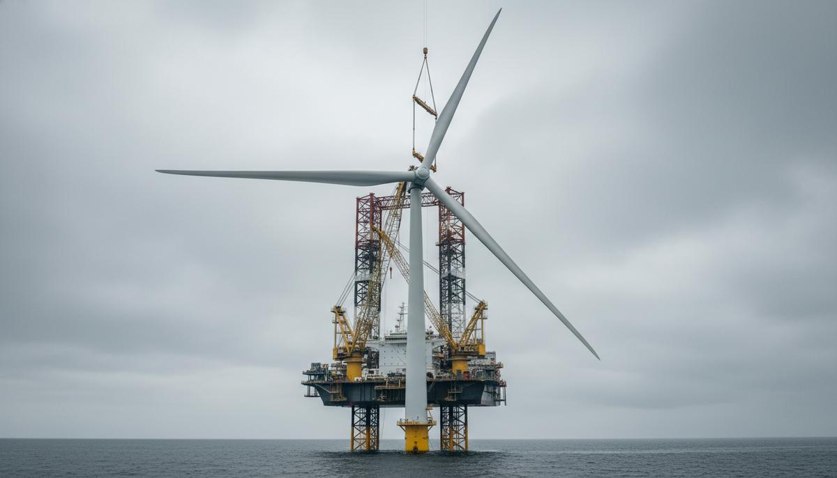 Морская ветряная турбина Vestas V236-15.0 MW в процессе установки со специализированного судна в открытом море.