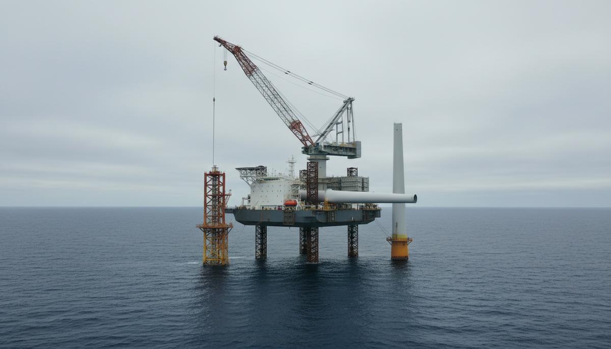 Крупное судно-установщик с подъемным краном монтирует морскую ветротурбину в открытом море.