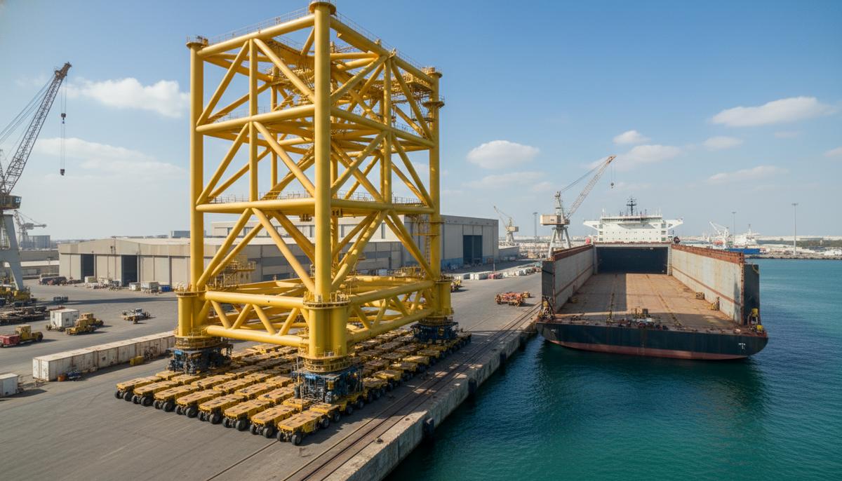 Опорное основание (жакет) для морской конвертерной платформы на верфи в Дубае перед погрузкой на судно.