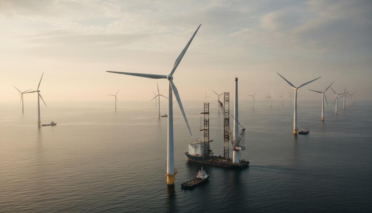Морские ветроэнергетические установки на разных этапах строительства в Северном море. Рядом с гигантской турбиной работает судно-установщик.