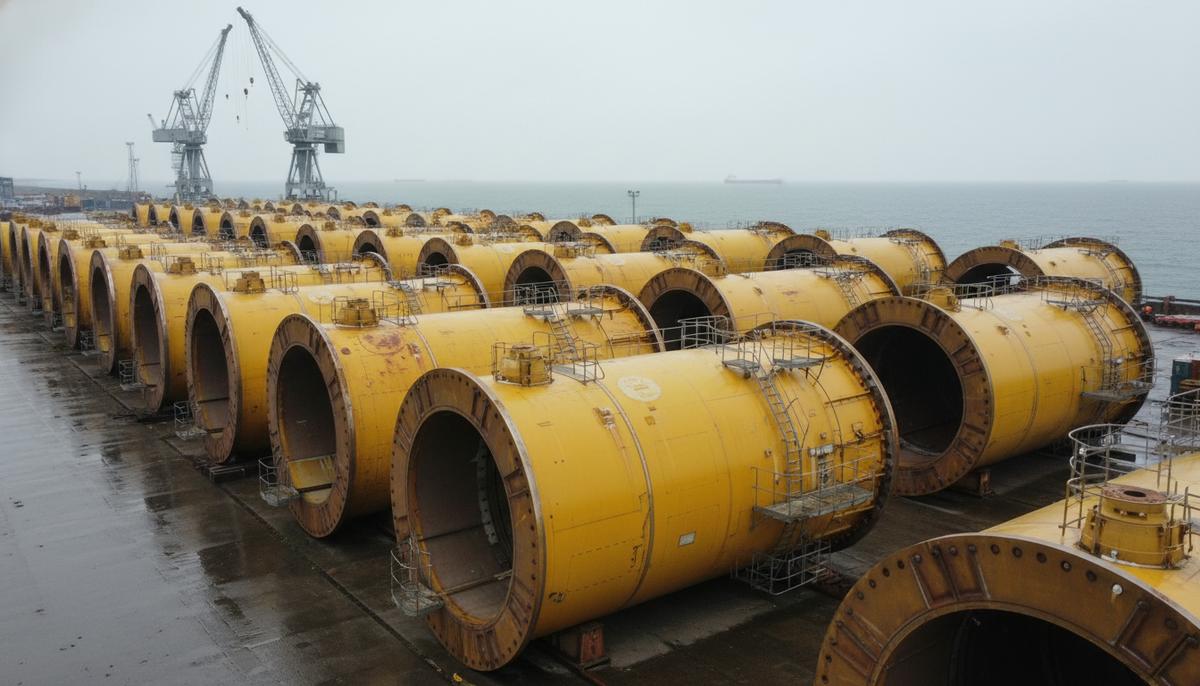 Огромные переходные элементы для морских ветрогенераторов на промышленной площадке в порту, готовые к отгрузке.