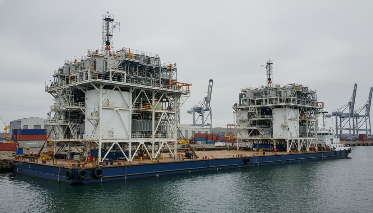 Две морские электрические подстанции для ветропарка Nordseecluster A на транспортной барже в судостроительном доке порта.