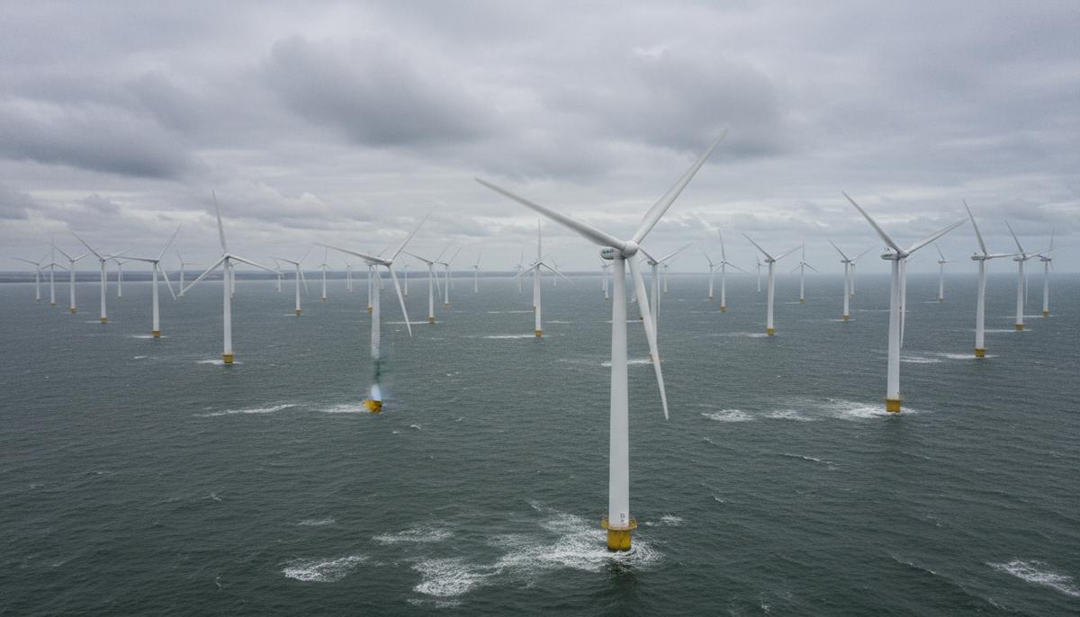 Морская ветряная электростанция Outer Dowsing в Северном море. Ряды ветровых турбин установлены в открытом море у побережья Линкольншира, Великобритания.