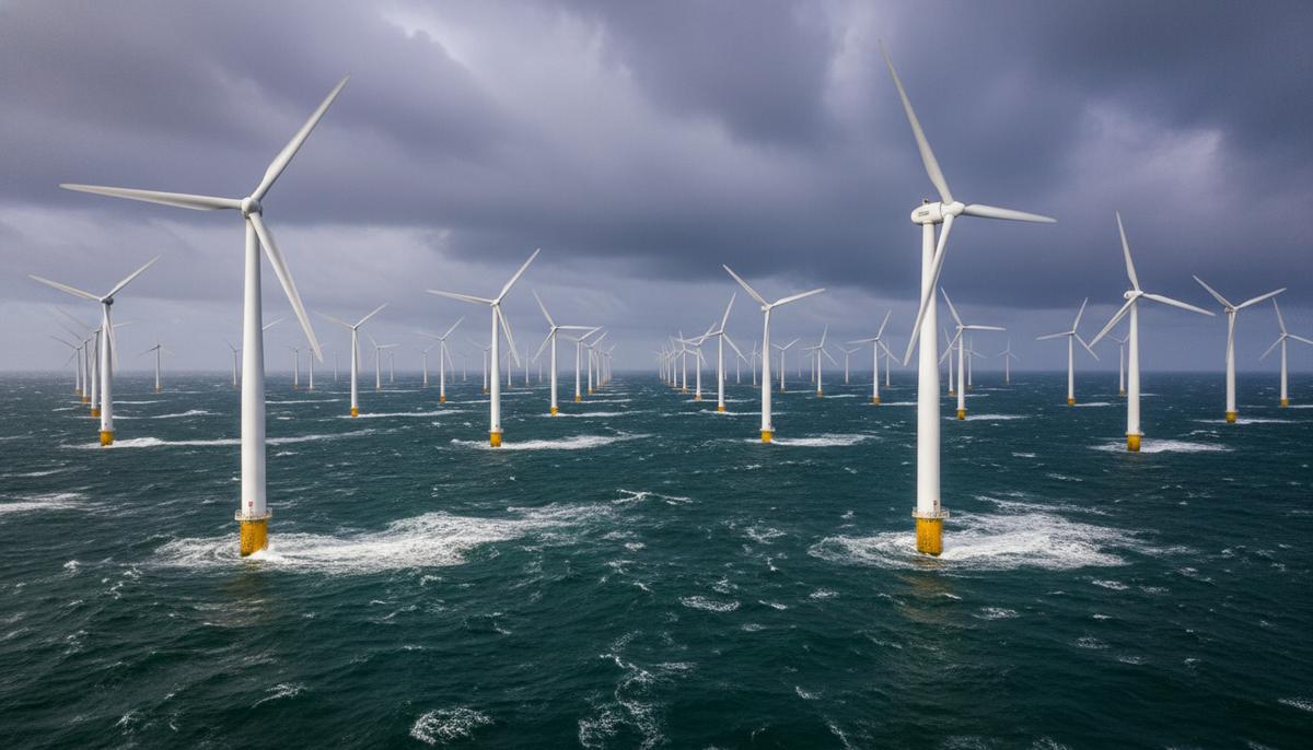 Морская ветроэлектростанция в Северном море у побережья Германии. Ряды высоких ветряных турбин уходят за горизонт.