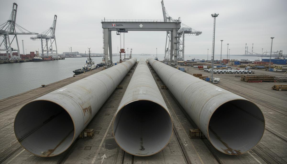 Огромные стальные моносваи для морской ветряной электростанции на причале в промышленном порту Тисворкс.