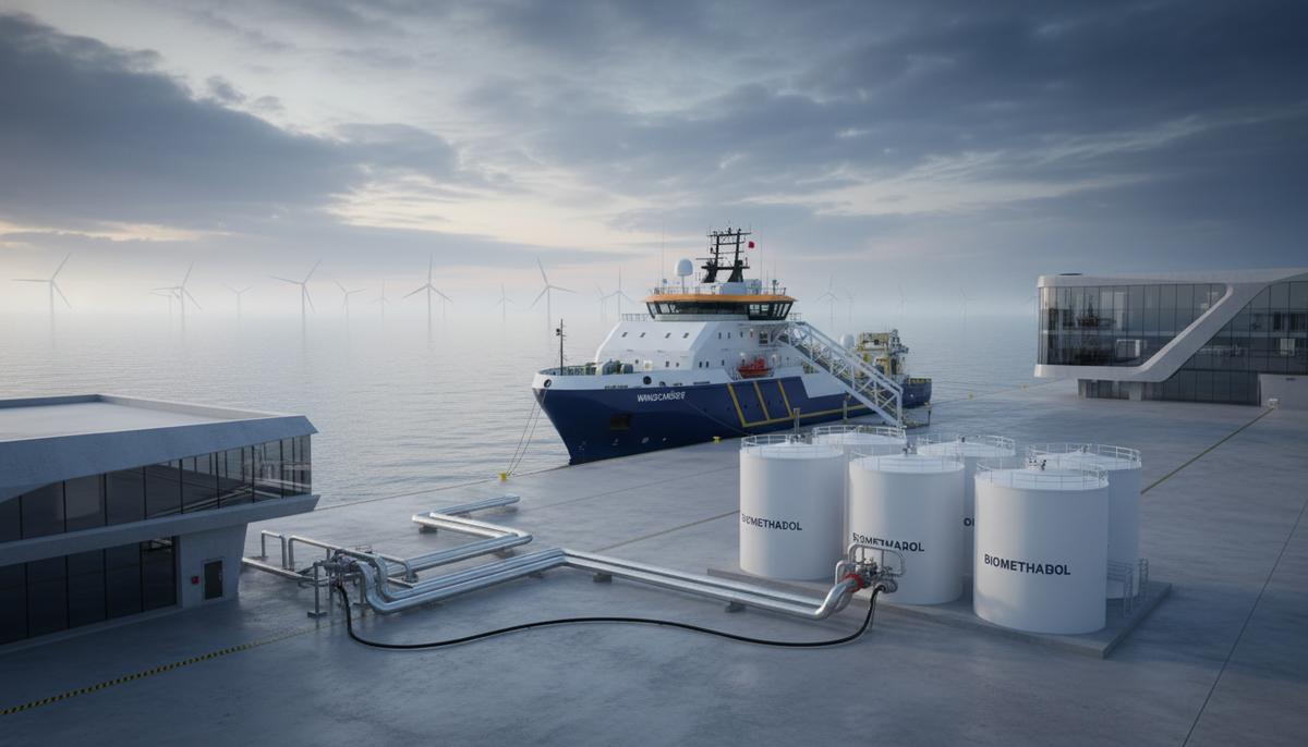 Судно для обслуживания ветропарков у причала в порту на фоне резервуаров для топлива и морских ветряных турбин на горизонте.