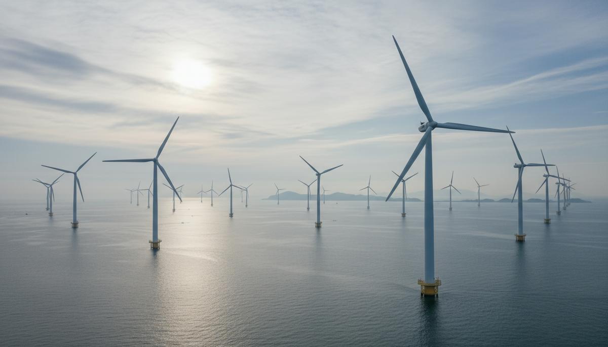 Морская ветроэлектростанция с рядами крупных ветрогенераторов в море на фоне побережья Южной Кореи в уезде Синан.