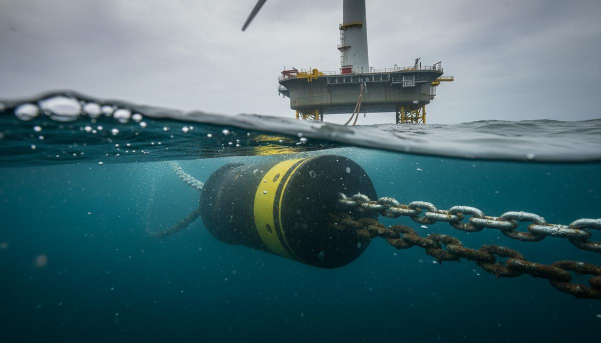 Ирландская Dublin Offshore получила сертификат DNV на компонент для швартовки Плавучая ветряная турбина в море с видимой под водой частью швартовной системы и устройством для снижения нагрузки.