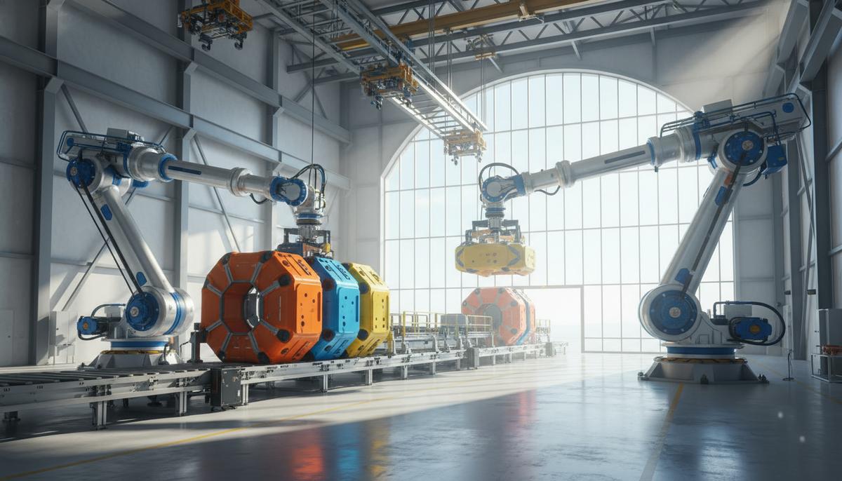 Крупные компоненты для морских ветроэнергетических установок, похожие на системы защиты кабеля, на сборочной линии в цеху.