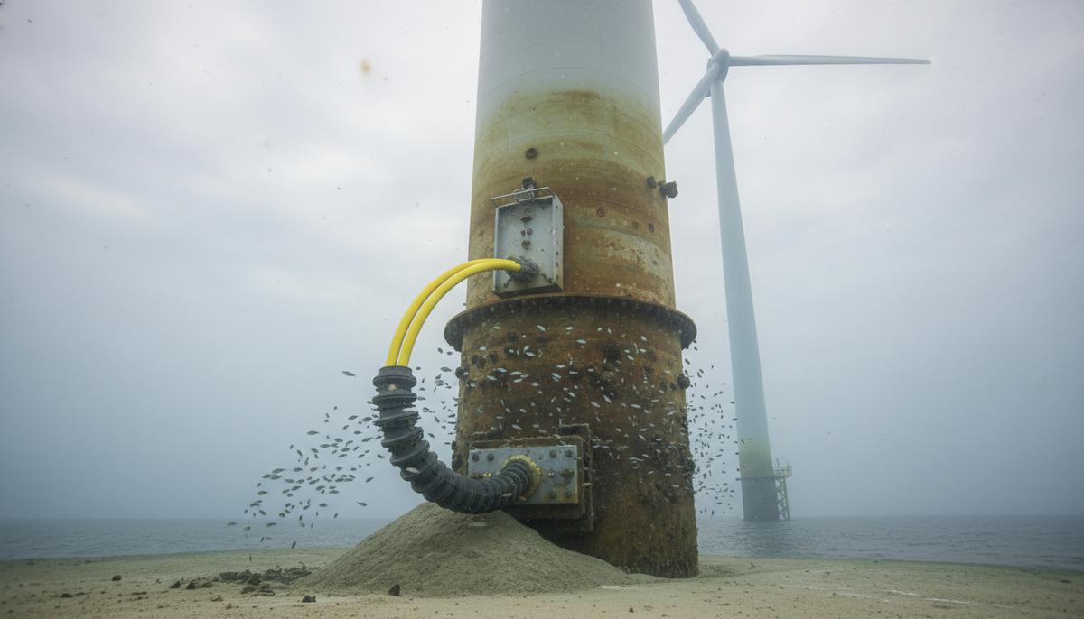Подводный силовой кабель в системе защиты уходит в основание морской ветряной турбины на морском дне.