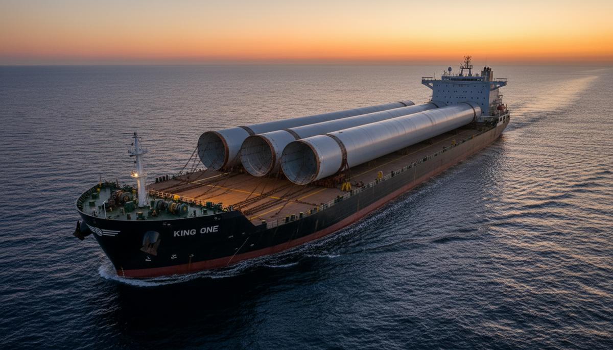 Dajin ввела в строй судно для перевозки сверхмощных ветротурбин Тяжеловозное палубное судно King One перевозит в открытом море монополи для морских ветряных турбин.