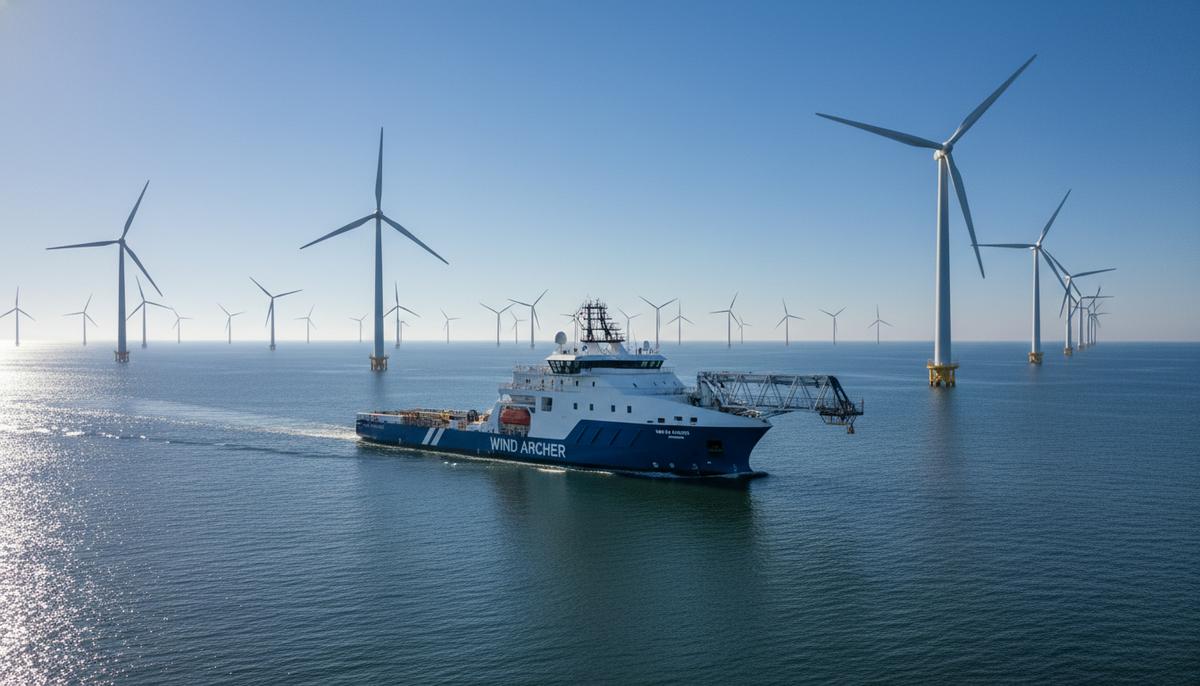 Новое судно для ветропарков обеспечило рост доходов Marco Polo Marine Судно обслуживания Wind Archer на морской ветряной электростанции в открытом море.