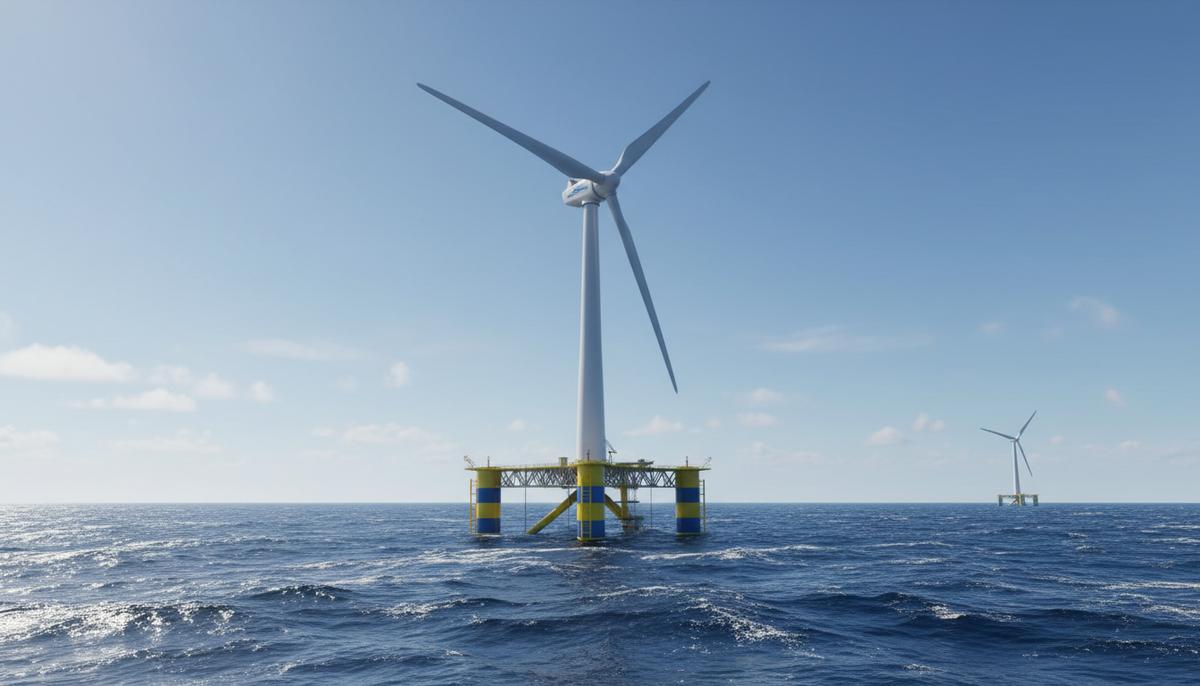 Крупная плавучая ветряная турбина на морском испытательном полигоне в открытом океане.