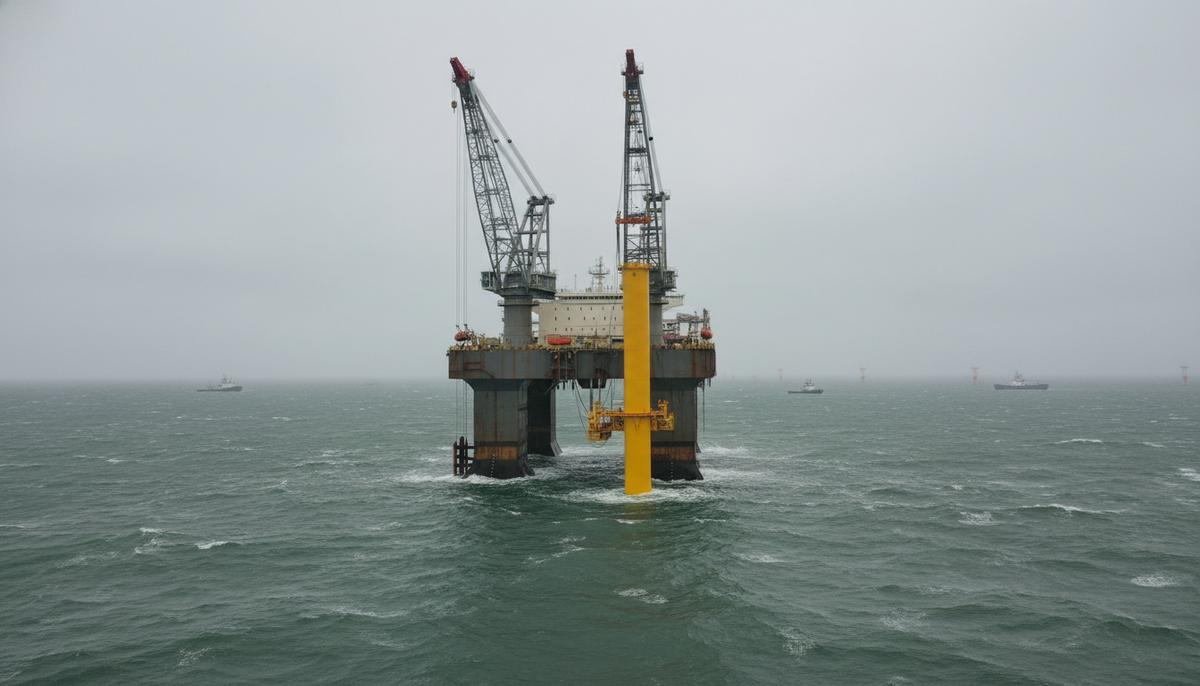 Огромное крановое судно–полупогружного типа устанавливает моноколонный фундамент для морской ветряной турбины в Балтийском море.