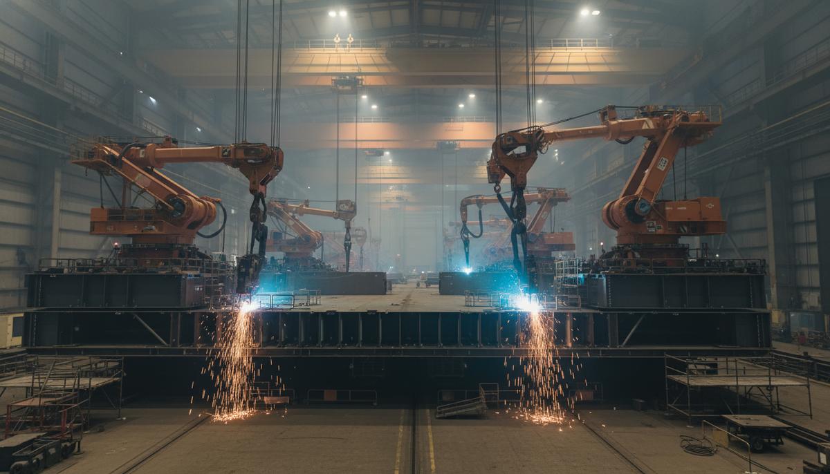 McDermott начала строительство платформы для проекта LanWin1 в Германии Огромная морская преобразовательная платформа в процессе строительства на верфи, видны стальные конструкции и промышленные краны.