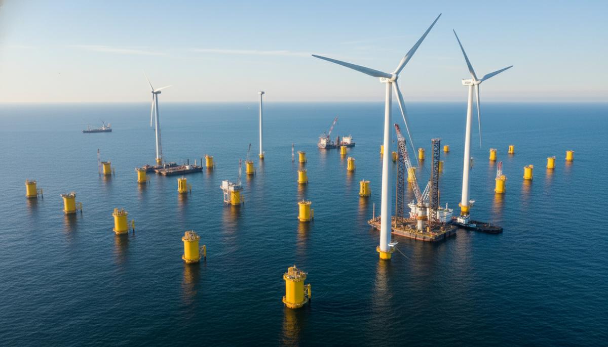 Морская ветроэлектростанция Baltic Power в Балтийском море на этапе строительства. Видны моно-свайные фундаменты и ветротурбины.