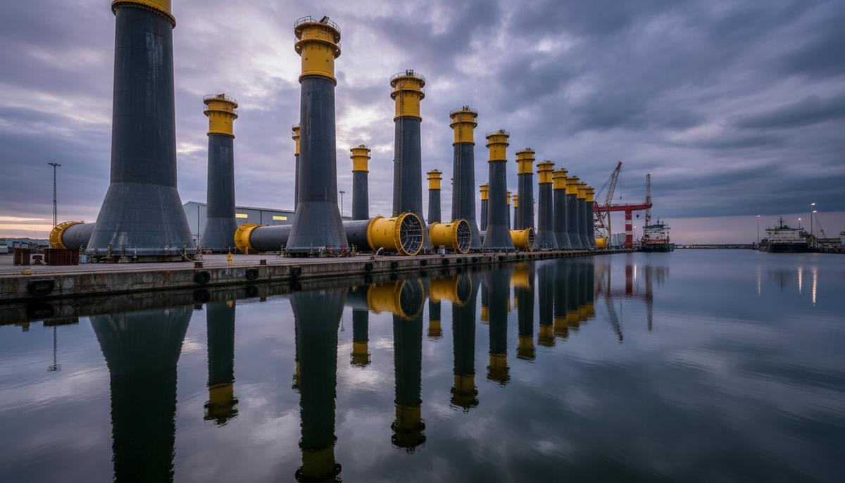 Основания для ВЭС Nordlicht 1 в Германии изготовлены с опережением графика Огромные моно-сваи и желтые переходные элементы для морских ветряных турбин на территории прибрежного завода в порту.