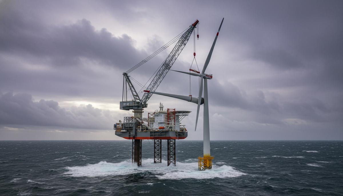Судно-установщик с краном монтирует лопасть морской ветровой турбины в Северном море в пасмурную погоду.