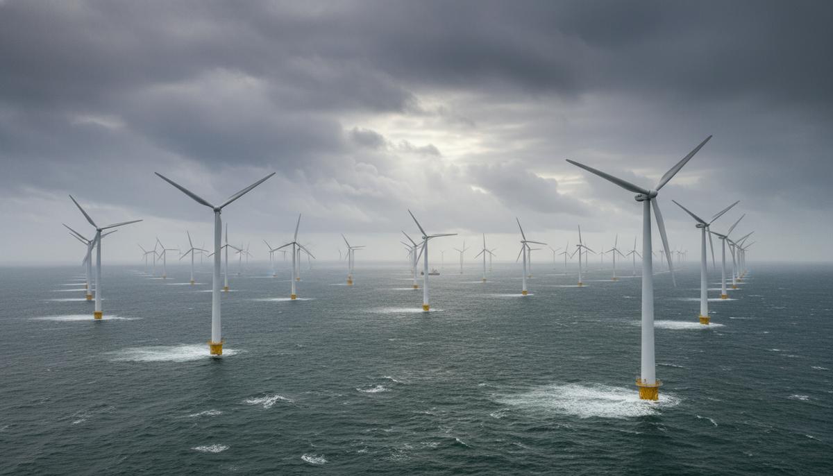 RWE заключила контракт с Vestas на поставку турбин для Norfolk Vanguard West Морская ветроэлектростанция Norfolk Vanguard West в Северном море. Ряды гигантских ветряных турбин в воде у побережья Великобритании.