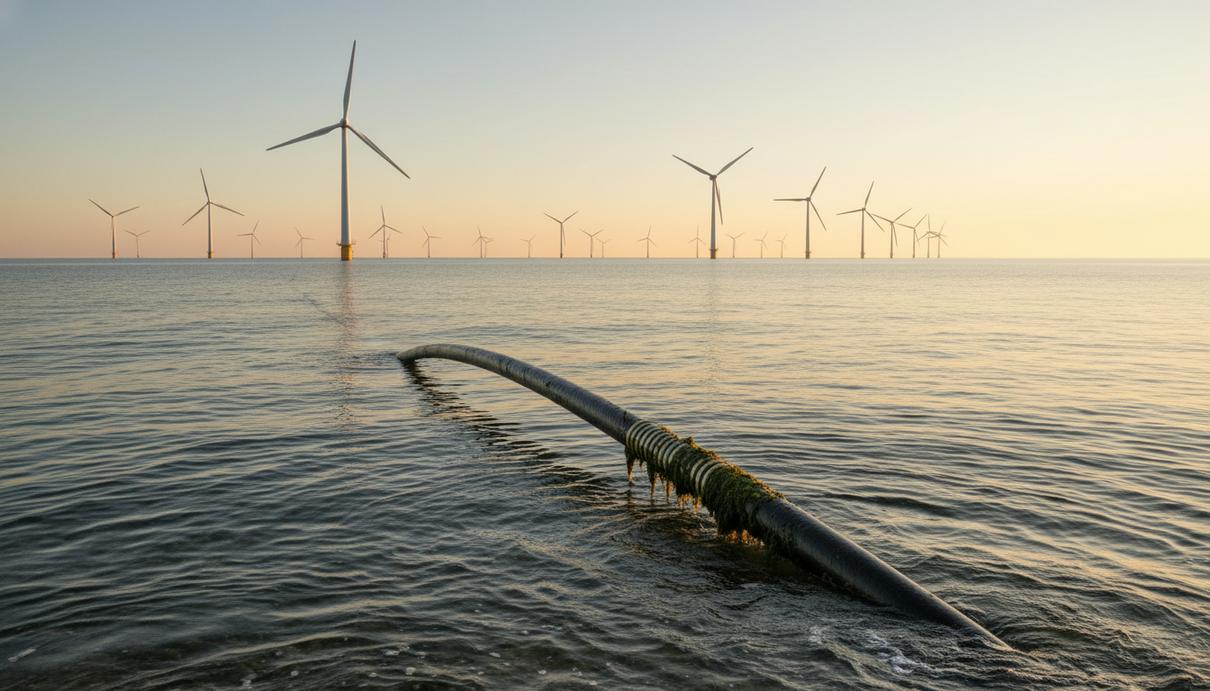 Морская ветроэлектростанция на Балтийском море на рассвете. Мощные ветрогенераторы и подводный энергетический кабель на фоне бескрайнего горизонта.