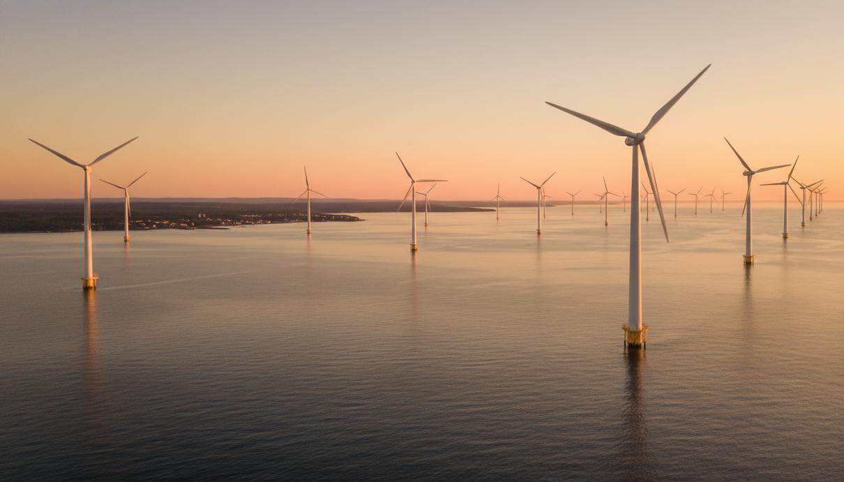 Ветряные турбины морской ветроэлектростанции в Атлантическом океане у берегов Новой Шотландии, Канада.