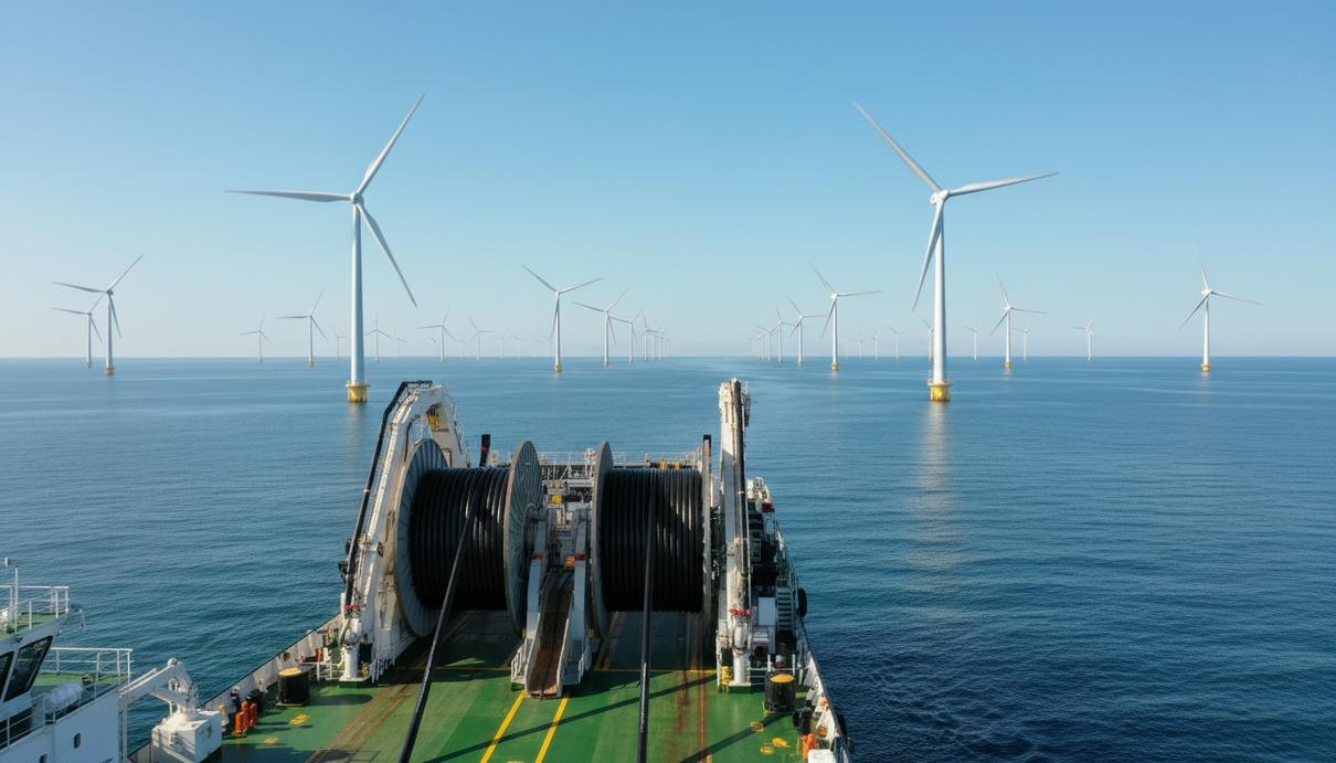 Специализированное кабелеукладочное судно Boka Ocean прокладывает подводные кабели на морской ветроэнергетической ферме Геннакер с ветряными турбинами на горизонте.