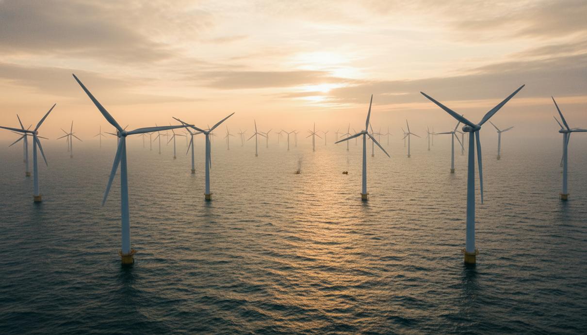 Морская ветроэлектростанция на рассвете. Ряды современных ветротурбин с белыми лопастями в открытом море.