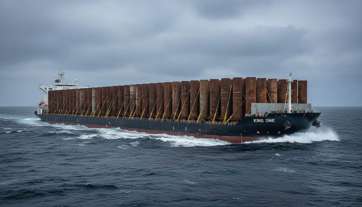 Крупное грузовое судно King One с гигантскими цилиндрическими моноопорами для морских ветряных турбин в открытом море.