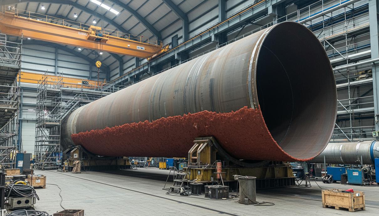 Массивная стальная моноопора морской ветровой турбины в цехе завода. На поверхность моноопоры наносится защитное покрытие.