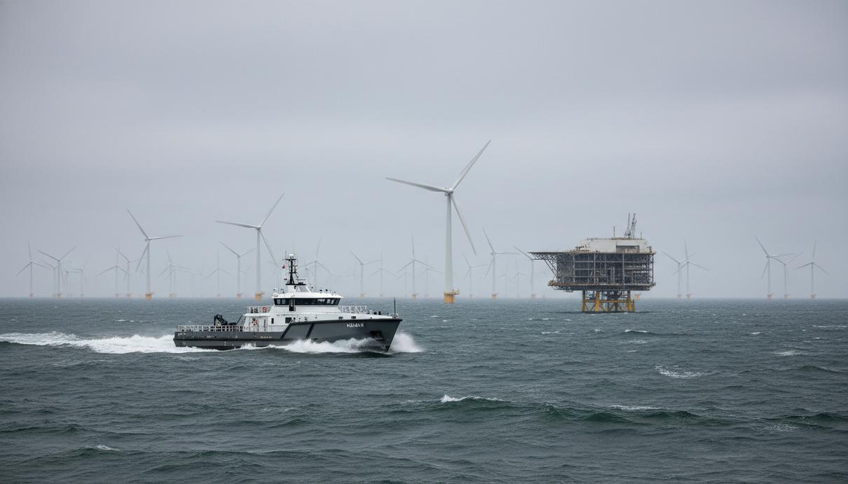 Судно Fulmar у морской ветроэнергетической станции Inch Cape. Ветряные турбины и офшорная подстанция на горизонте.