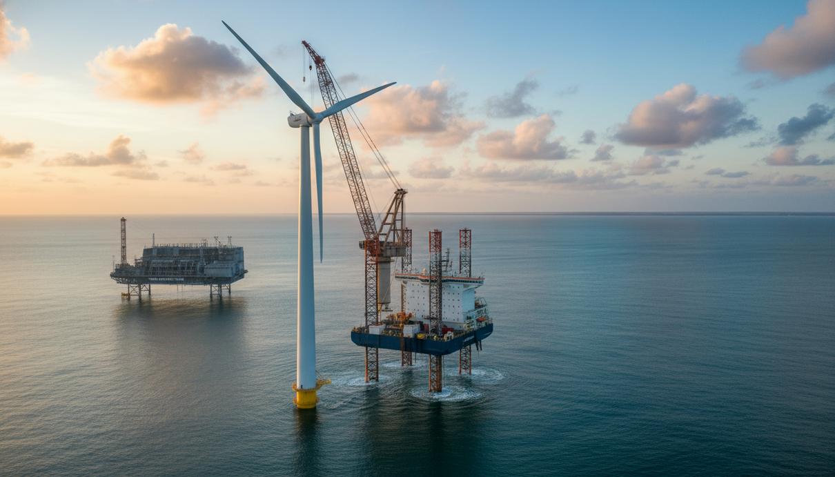 Монтаж огромной белой ветряной турбины в открытом море. Рядом с ней – специализированное установочное судно.