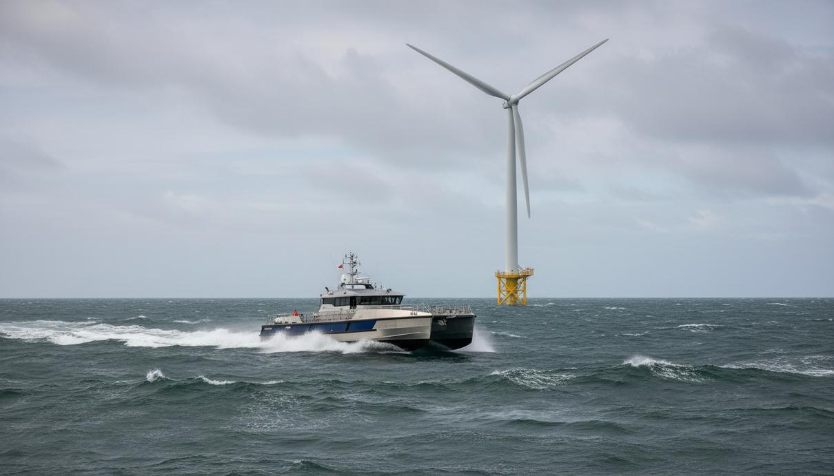 Современное судно типа Supa Swath в море, рядом с крупной морской ветряной турбиной, на фоне волнующегося моря.