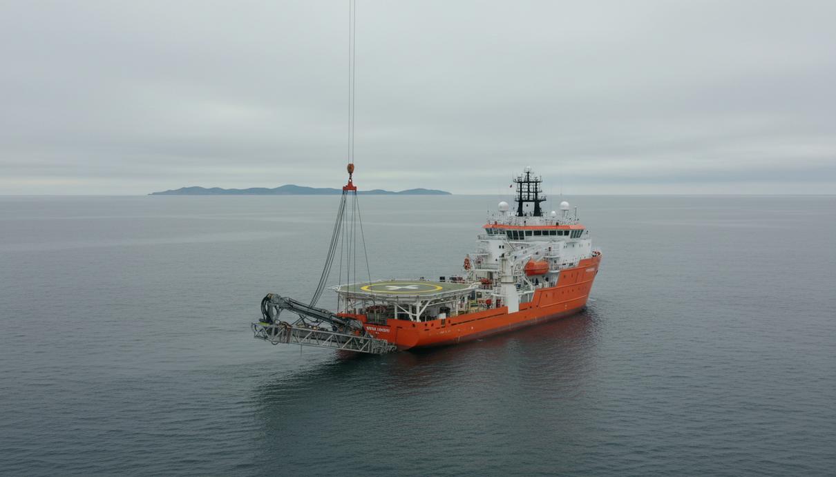 Исследовательское судно Fugro Voyager проводит геотехнические работы в Ирландском море, спуск бурового оборудования для изучения морского дна.