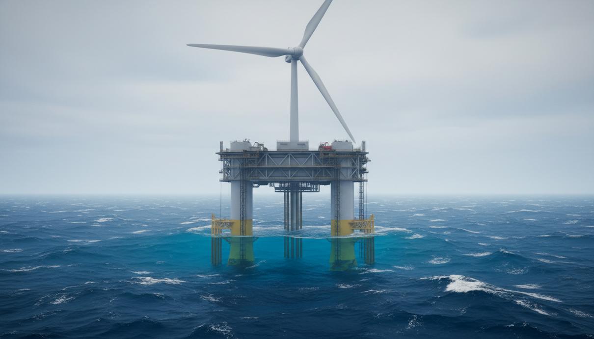 Плавучая ветряная турбина на стальной платформе в открытом море среди волн.