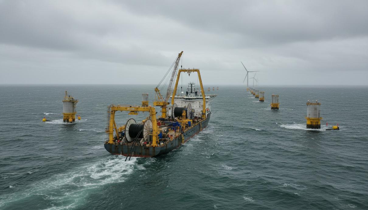 Морская ветроэлектростанция в процессе строительства и кабелеукладочное судно в Северном море.