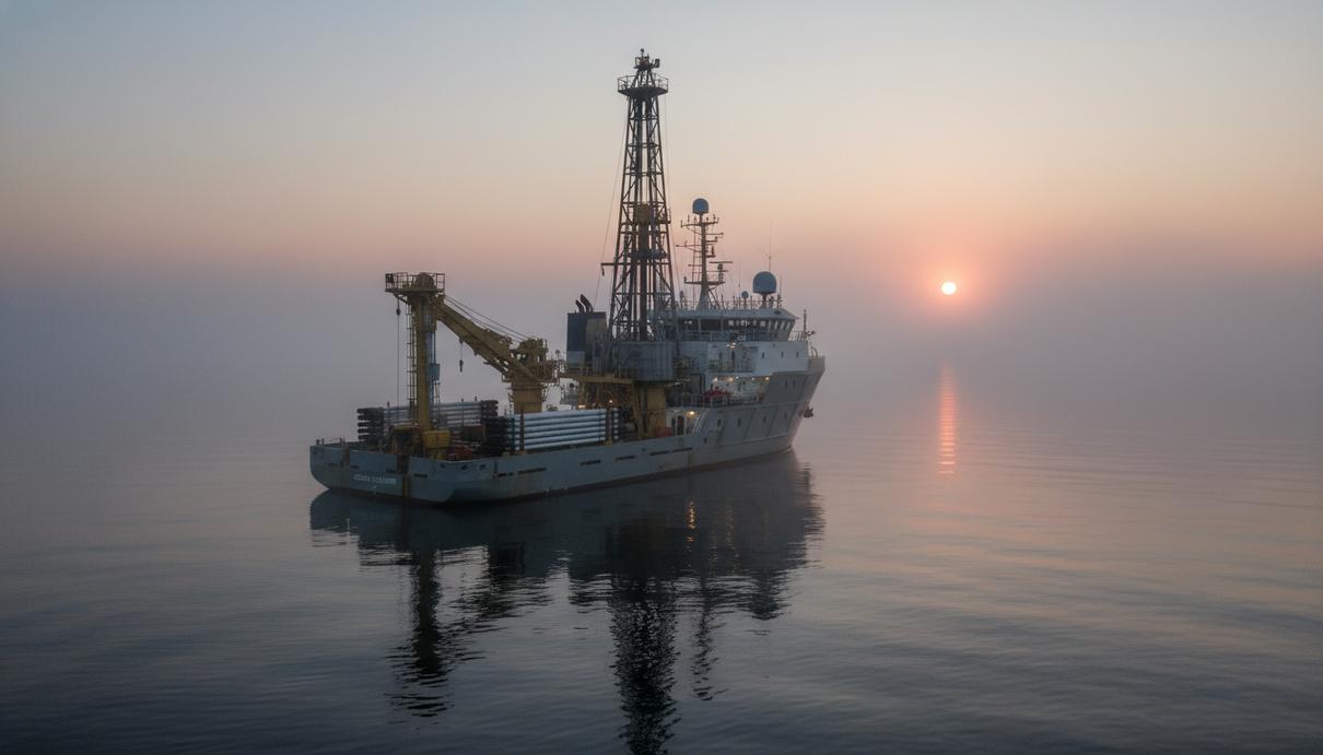 Специализированное морское судно с буровой установкой на палубе в открытом море