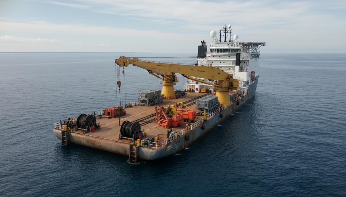 Специализированное морское судно для прокладки кабеля с крановым оборудованием на палубе