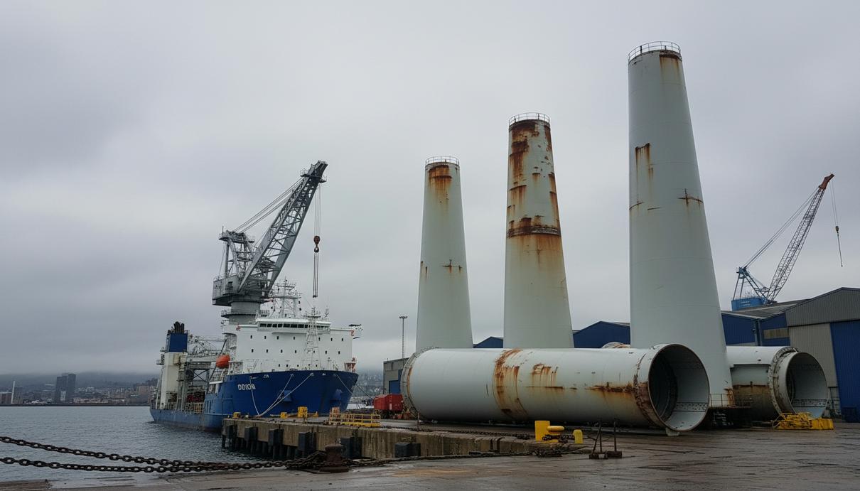 Массивные стальные основания для ветрогенераторов и судно-кран у причала в промышленном порту.