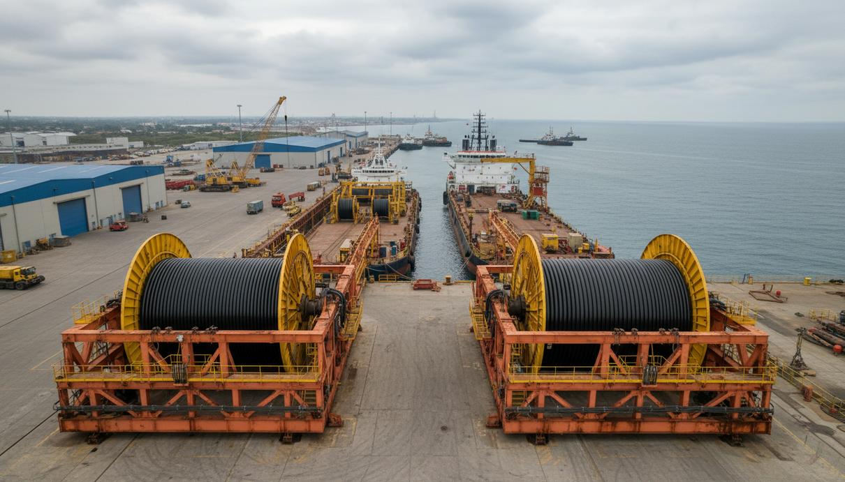 Промышленное оборудование и карусели для намотки силового кабеля в портовом терминале