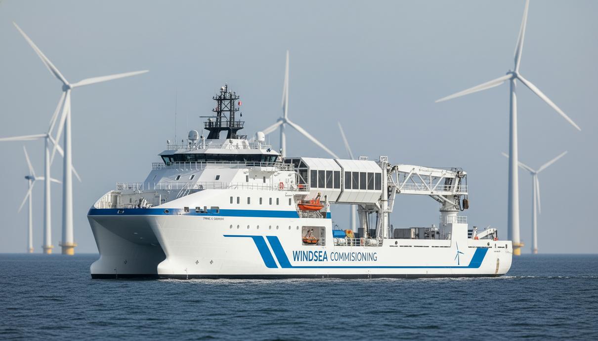 Специализированное судно обслуживания морских ветропарков в море на фоне ветрогенераторов