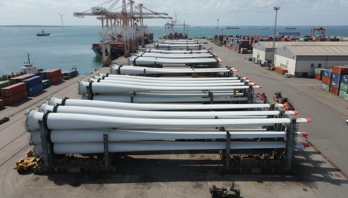 Лопасти ветрогенераторов на складской площадке в промышленном порту