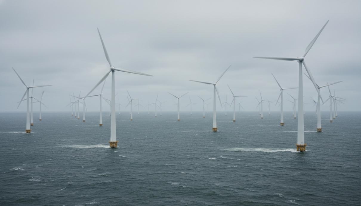 Ряды морских ветряных турбин в открытом море под пасмурным небом