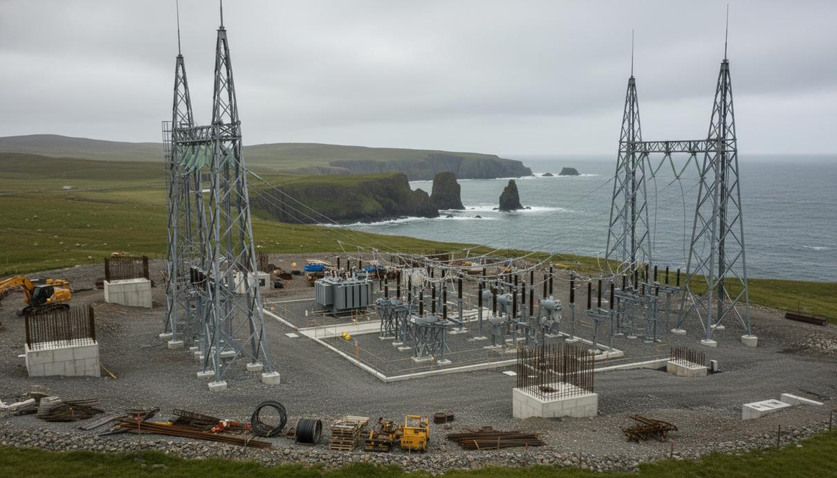 Прибрежный пейзаж Кейтнесса в Шотландии с участком для строительства энергетических объектов на фоне моря.