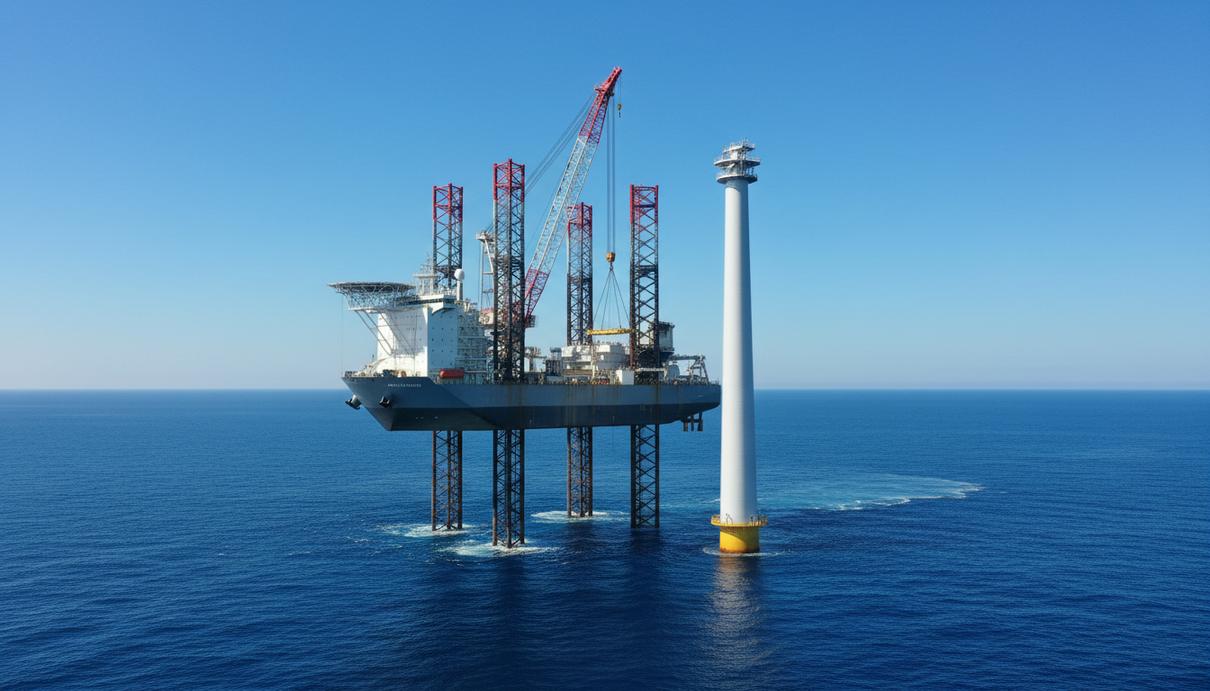 Специализированное морское судно стоит в воде на высоких опорах рядом с ветрогенератором