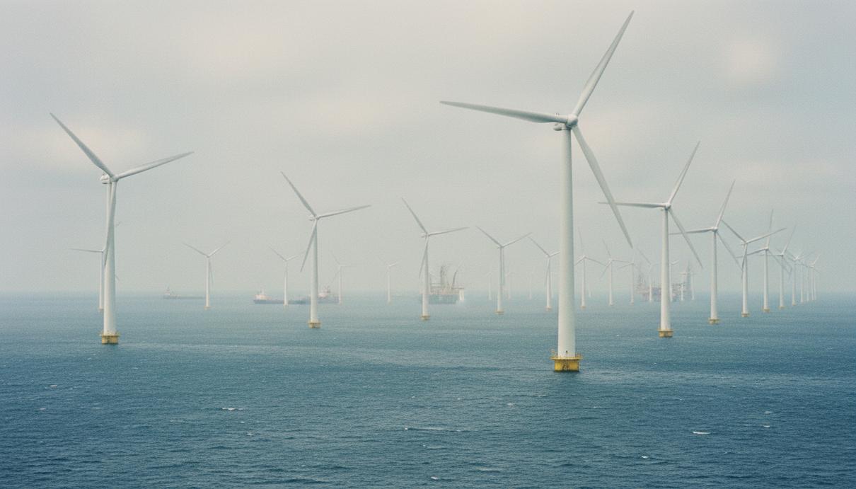 Ряд белых морских ветрогенераторов в открытом море под серым небом на фоне туманного горизонта